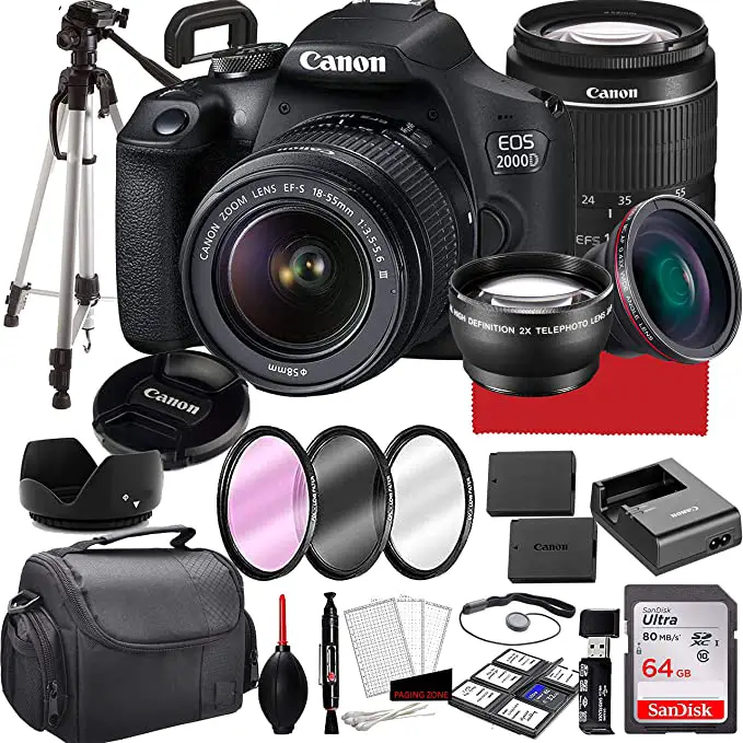 Canon-EOS-2000D-Rebel-T7-DSLR-Camera-with-18-55mm-f3.5-5.6-Zoom-Lens-64GB-MemoryCase-Tripod-and-More-28pc-Bundle