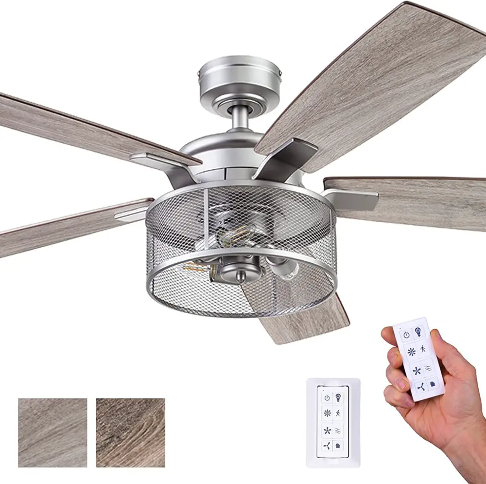 Honeywell Ceiling Fans 52-in Carnegie Farmhouse Indoor Ceiling Fan with Rustic Caged Light, Remote Control and Dual Finish Blades (Pewter)